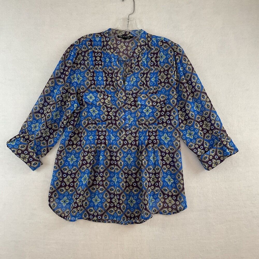Zac & Rachel Women Large Tunic Top Blue Purple Floral‎ 3/4 Sleeve Front Tucks